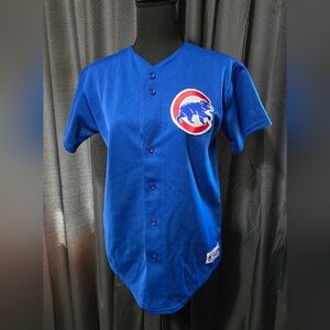 Chicago Cubs men's button front embroidered patch auth Majestic Lee Jersey L